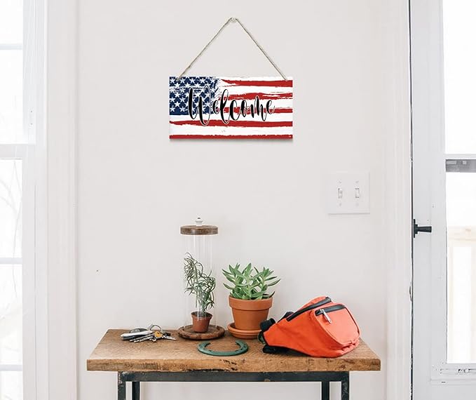 Welcome Decor Sign, Hanging Wood Sign Home Decorative, Printed Wood Wall Art Sign, American Flag Welcome Sign, Patriotic Home Decor, Front Door Decor Sign, Farmhouse Porch Wall Art Sign 12 * 6inch-Ruum Studio Home