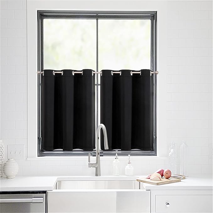 ChrisDowa Small Window Curtains for Kitchen and Bedroom - Grommet Short Thermal Insulated Room Darkening Curtains (2 Panels, Black, 52 x 36 Inch)-Ruum Studio Home