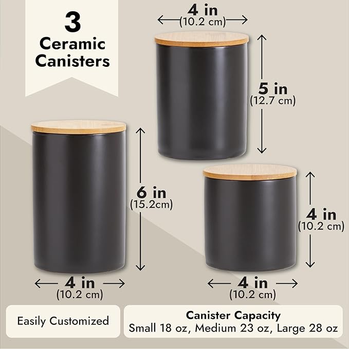 Farmlyn Creek Set of 3 Matte Black Kitchen Canister with Airtight Wooden Bamboo Lids, Kitchen Counter Containers, Food Storage Jars, Ideal for Storing Sugar, Coffee and Other Dry Goods, (3 Sizes)-Ruum Studio Home