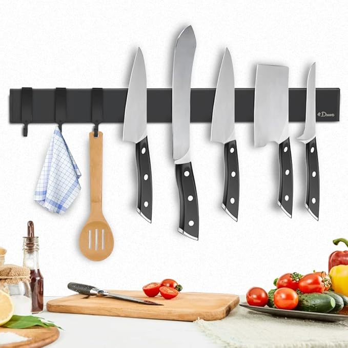 Dmore magnetic knife holder for wall—with 3 hooks, No Drilling 16 Inch black knife magnetic strip, Powerful knife magnet rack, include Adhesive Tape and screws for Knives, Utensils, and Tools-Ruum Studio Home
