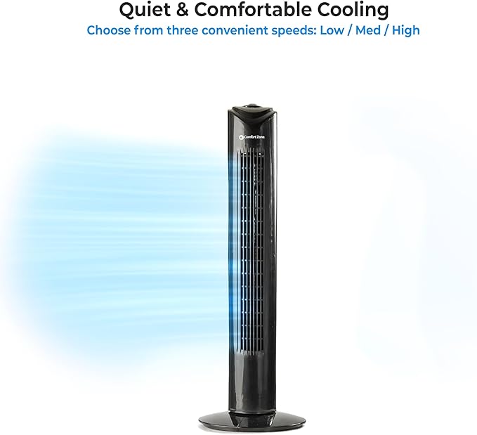 Comfort Zone 32-Inch Bladeless Tower Fan with 3 Speeds, 90° Oscillation, Portable Indoor Stand Fan with Built-In Carry Handle – Quiet Cooling for Bedroom, Black-Ruum Studio Home