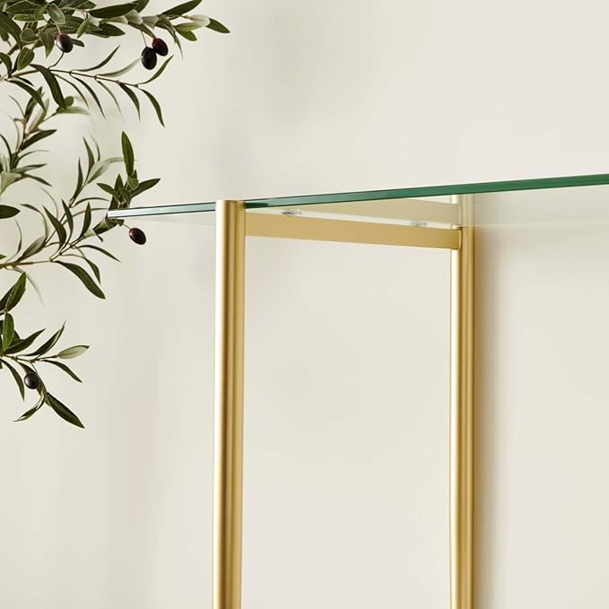 Glass Console Table for Living Room, Foyer & Entrance, 2-Tiers Mid-Century Modern Sofa Table with Clear Glass Top, White Marble Finish Wood Shelf and Gold Finish Frame-Ruum Studio Home