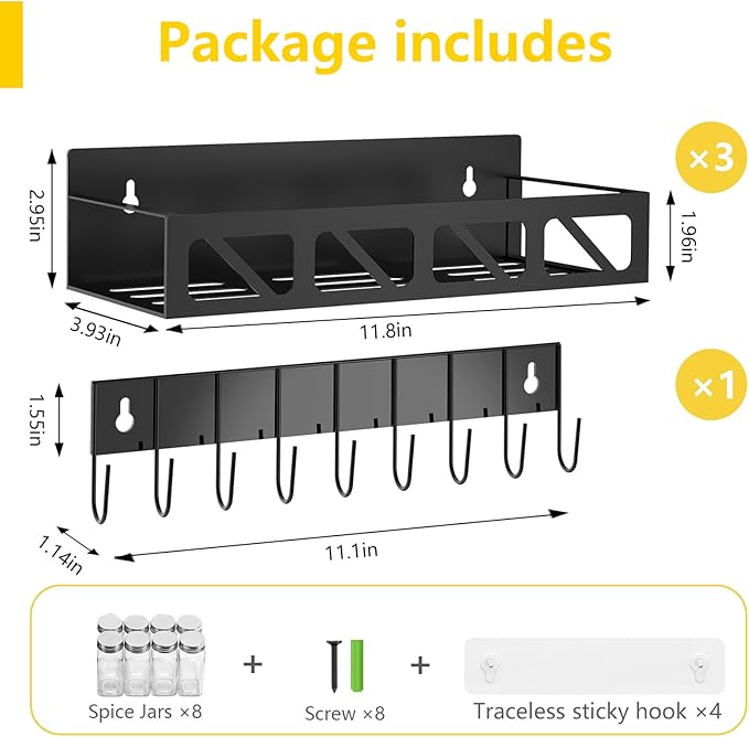 Magnetic Spice Rack Organizer for Fridge Seasoning Organizer for Kitchen storage with Screw or Adhesive Hanging,Magnetic Shelf with Hook for Refrigerator and Oven (3pack)-Ruum Studio Home