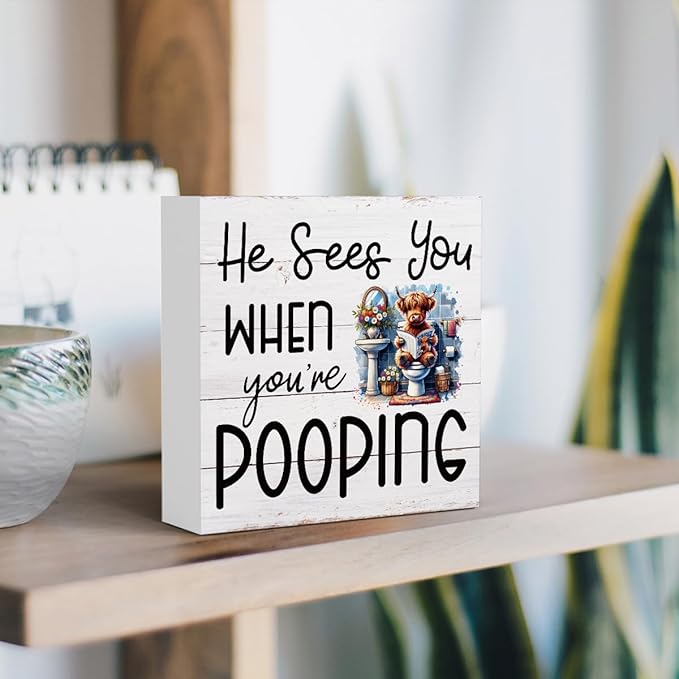 Funny Highland Cow Decor Memorial Day Fourth of July Independence Day Decorations Red White and Blue Decor, Rustic Farmhouse Home Office Wooden Box Sign for Bathroom - He Sees You When You're Pooping-Ruum Studio Home