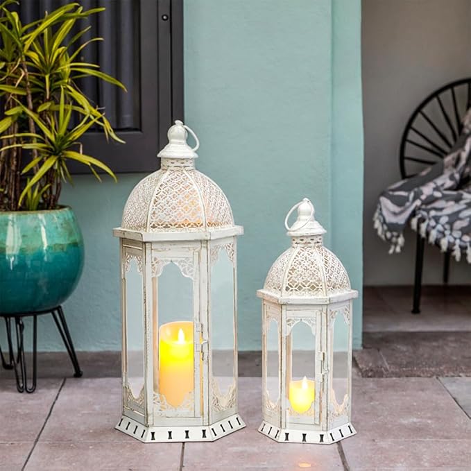 JHY DESIGN Set of 2 Decorative Candle Lanterns 22"&17" H Outdoor Vintage Metal Candle Holder for Garden Living Room Indoor Parties Weddings Patio Home Decor(White with Gold Brush)-Ruum Studio Home
