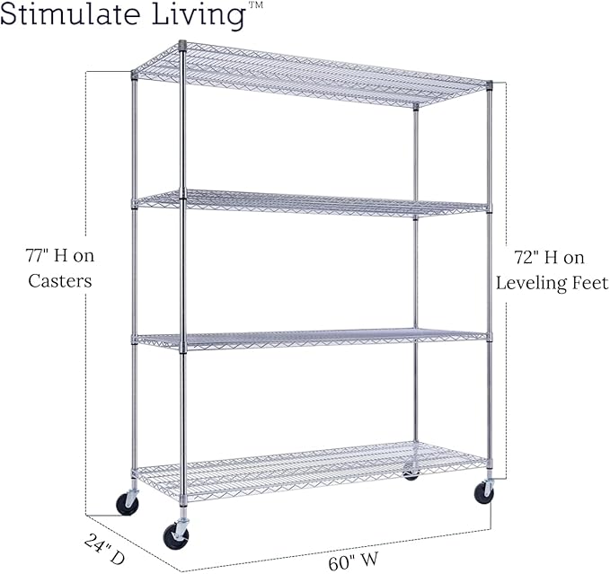 60"x24"x72" PRIME HEAVY DUTY Chrome 4-Tier Wire Shelving NSF 2400 LBS MAX Capacity Storage Rack for Commercial, School, Home, Garage, Warehouse, Industrial, and Hospital Uses (with Wheels)-Ruum Studio Home