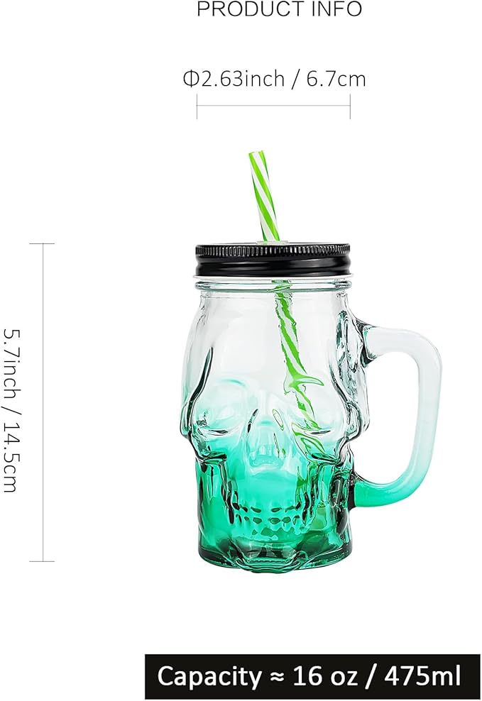 Halloween Cups Set of 4 - Green Skull Glass Drinking Jar with Lids and Straws - Halloween Decor, Drinking Glasses 16 oz-Ruum Studio Home