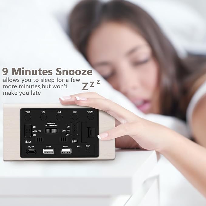 Kogonee Wooden Digital Alarm Clock, 0-100% Dimmer, 2 Alarm Settings, Weekday/Everyday Mode, 9 Mins Snooze, 12/24H, Temperature and Date Display for Office, Travel, Bedroom Alarm Clock (White)-Ruum Studio Home