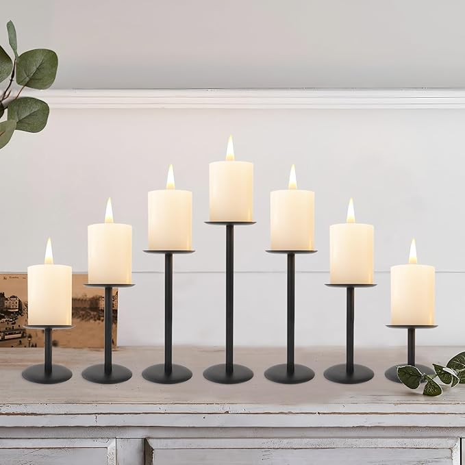 Set of 7 Metal Black Candle Holders, Assemblable Pillar and Taper Candlesticks, Halloween Fall Thanksgiving Day Dining Table Centerpieces Decor, Mantle Fireplace Candle Sticks Decorations-Ruum Studio Home