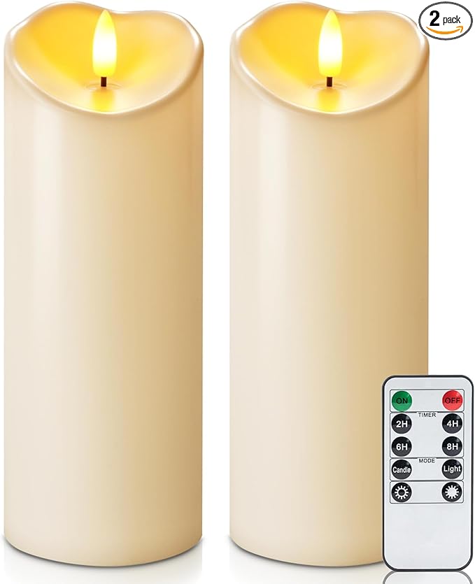 Homemory 3"x8" Outdoor Waterproof Flameless Candles, LED Candles, Battery Operated Candles with Remote and Timers, Electric Fake Plastic Pillar Candles, Dark Ivory, Set of 2-Ruum Studio Home