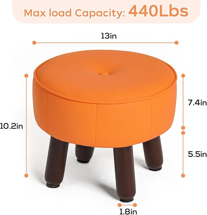 13in Small Foot Stool Ottoman, Round Faux Leather Foot Rest for Couch, Under Desk Pouf Footstool Footrest with Non-Skid Rubber Legs for Ling Room, Bedroom, 13''L x 13''W x 10.2''H, Orange-Ruum Studio Home