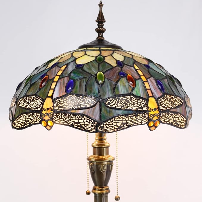 Tiffany Floor Lamp Stained Glass Lamp Standing Reading Light 16x16x70 Inch for Living Room (Amber Yellow Dragonfly)-Ruum Studio Home