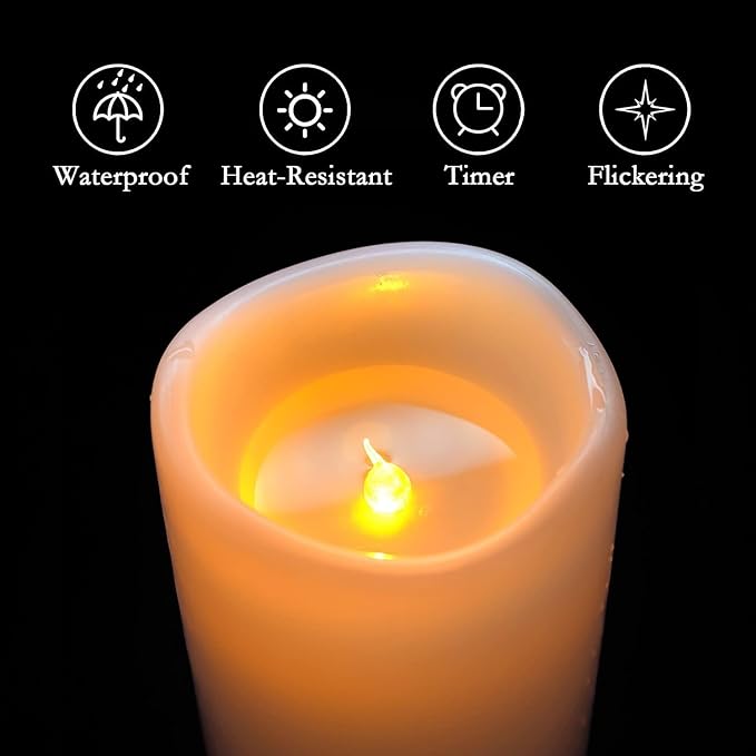 Homemory 6" x 4" Large Waterproof Outdoor Flameless Candles with Remote Control and Timer, Battery Operated Flickering LED Pillar Candles for Indoor Outdoor Lanterns, Porch, Long Lasting, Set of 4