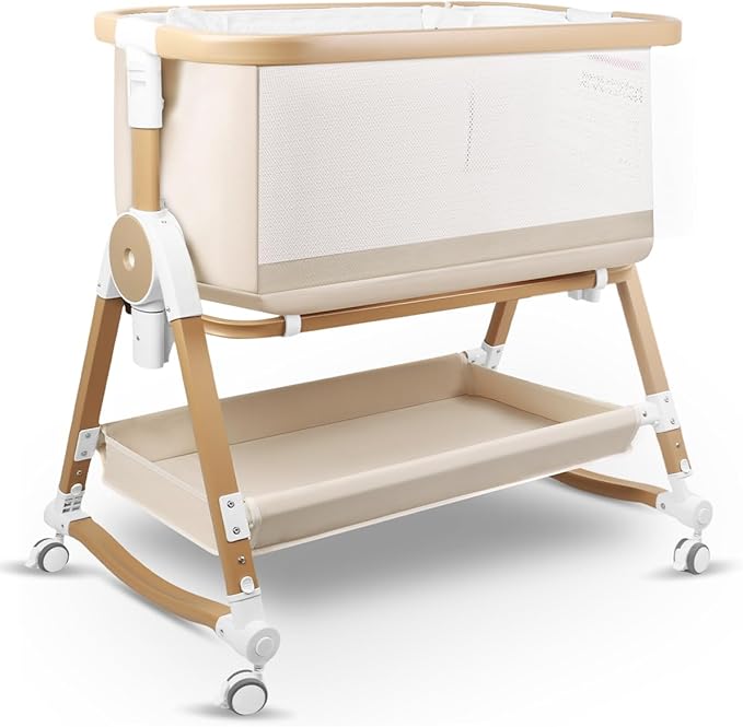4 in 1 Baby Bassinet, Bassinets Bedside Sleeper with Wheels and Storage Basket, Adjustable 7 Heights Bedside Sleeper with Mosquito Net, Breathable Mesh Rocking Bassinet for Baby-Ruum Studio Home