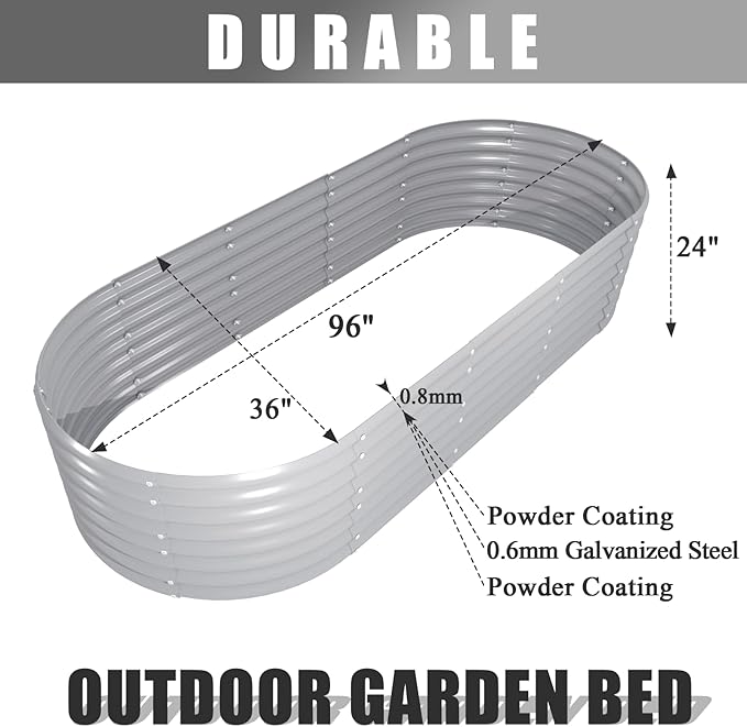 1 Pack 8x3x2FT Galvanized Raised Garden Bed Kit Oval Metal Ground Planter Box Outdoor Bottomless Planter Raised Beds for Vegetables Flowers Herbs Fruits, Gray-Ruum Studio Home
