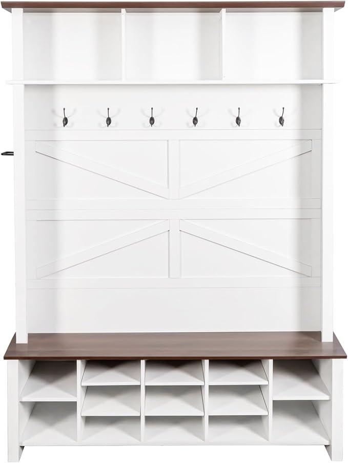 Ball & Cast 4-in-1 Hall Tree with 6 Hooks,Walnut Entryway Bench with Adjustable Shelves,Rustic Shoe Organizer with 16 Open Compartments,for Mudroom,Living Room,Hallway,White-Ruum Studio Home