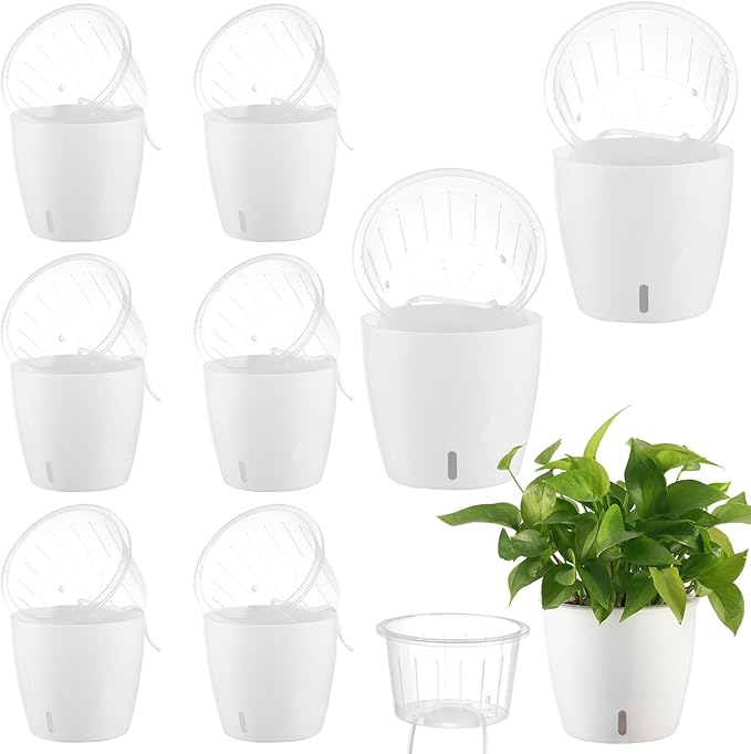 Self-Watering Pots for Indoor Plants, 8-Pack 6.7'' Self Watering Planter with Drainage Holes, Small African Violet Pots with Water Indicator, Clear Wick Pot, White-Ruum Studio Home