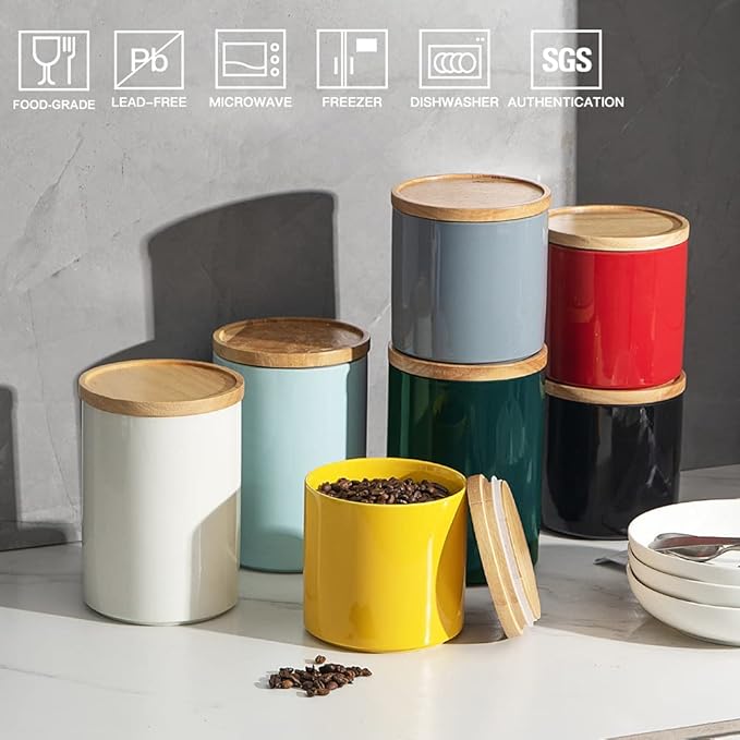 Sweejar Kitchen Canisters Ceramic Food Storage Jar, Stackable Containers with Airtight Seal Wooden Lid for Serving Coffee Bean, Flour, Tea, Cookies and More - 58 Fl Oz (Red)-Ruum Studio Home