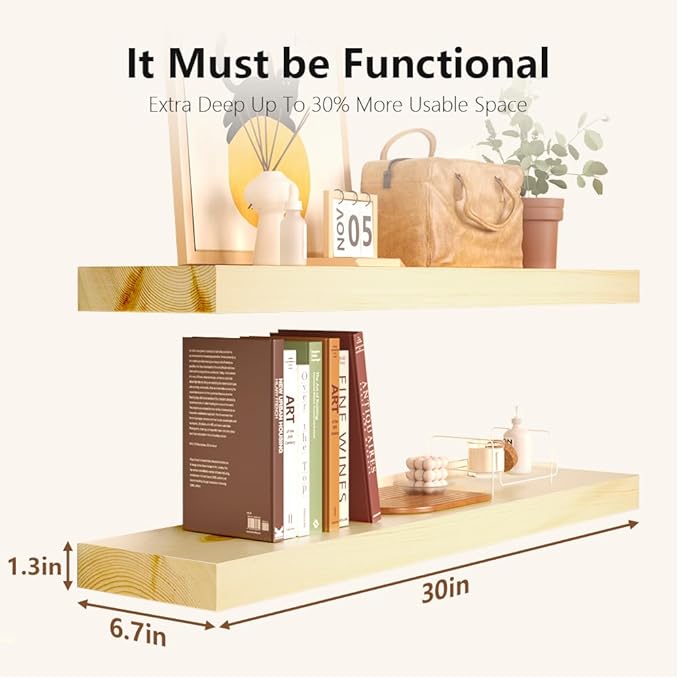 Habudda Floating Shelves for Wall, Solid Pine Wood Shelf for Bathroom Bedroom Kitchen, Rustic Room Decor, Wall Mounted, 30 Inches Long, Set of 2, Natural-Ruum Studio Home