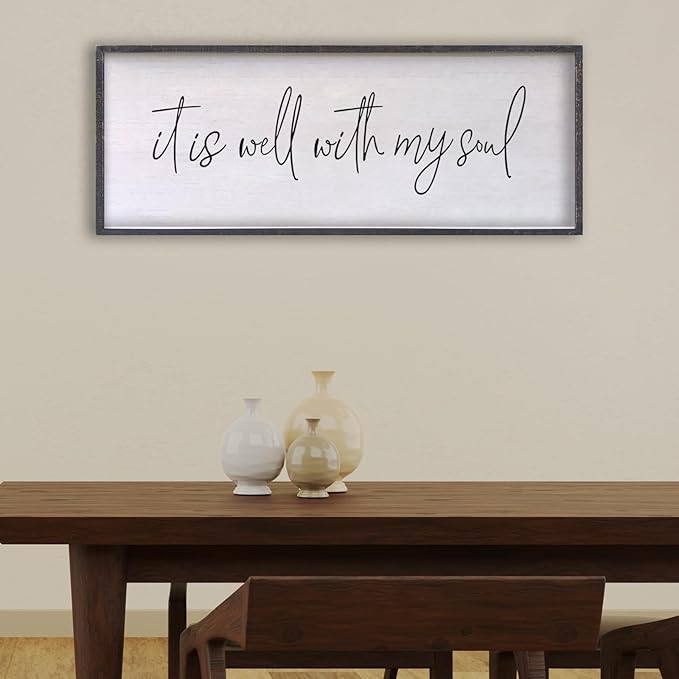 It Is Well With My Soul Wall Decor 32"x12" Bible Verse Christian Scripture Wood Framed Art Sign for Master Bedroom Living Room(Black)-Ruum Studio Home