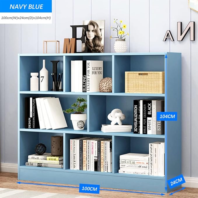 IOTXY Open Shelf Low Bookcase - Wooden 3-Tier Floor Standing Display Cabinet Organizer with Base, 8 Cubes Short Horizontal Bookshelf in Bright Blue-Ruum Studio Home