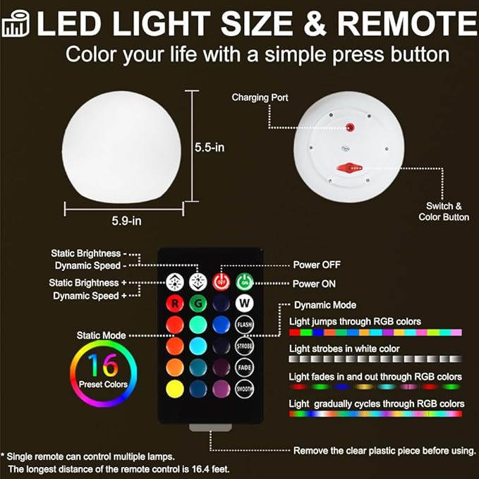 LED Globe Orb Light, 6-in LED Light Ball for Kid, 16 Dimmable Colors & 4 Modes Light Up Ball Mood Lamp w/Remote, Rechargeable Orb Night Lights Waterproof Outdoor Globe Lights for Home/Nursery/Party-Ruum Studio Home