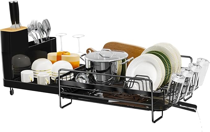 Runnatal Large Dish Drying Rack with Drainboard Set, Dish Rack, Extendable Dish Rack, Utensil Holder, Cup Holder, Expandable Dish Drainer for Kitchen Counter-Ruum Studio Home