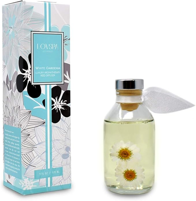 LOVSPA Reed Diffuser Set, White Gardenia Scented Oil Diffuser with Sticks, Home Fragrance Accessories for Bathroom Shelf Decor, Aroma Diffusers for Home or Office Desk, USA Made-Ruum Studio Home