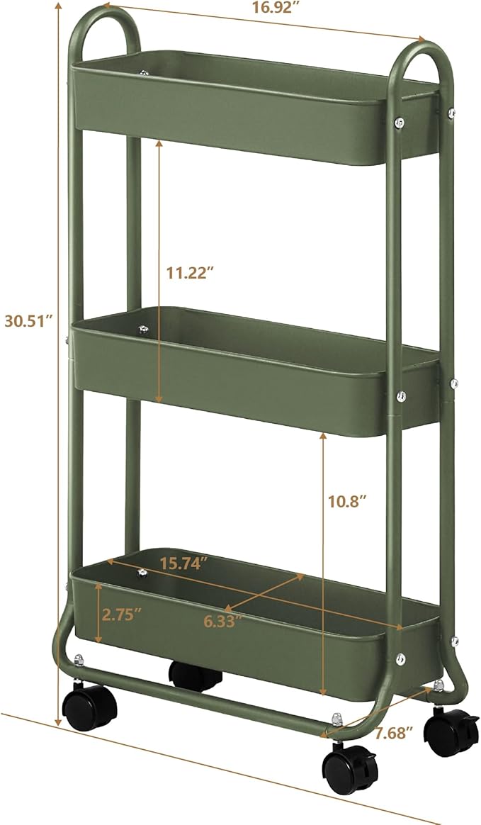 SunnyPoint Slim Rolling Storage Cart, 3 Tier Bathroom Storage Organizer Bathroom, Laundry Utility Cart (Army)-Ruum Studio Home
