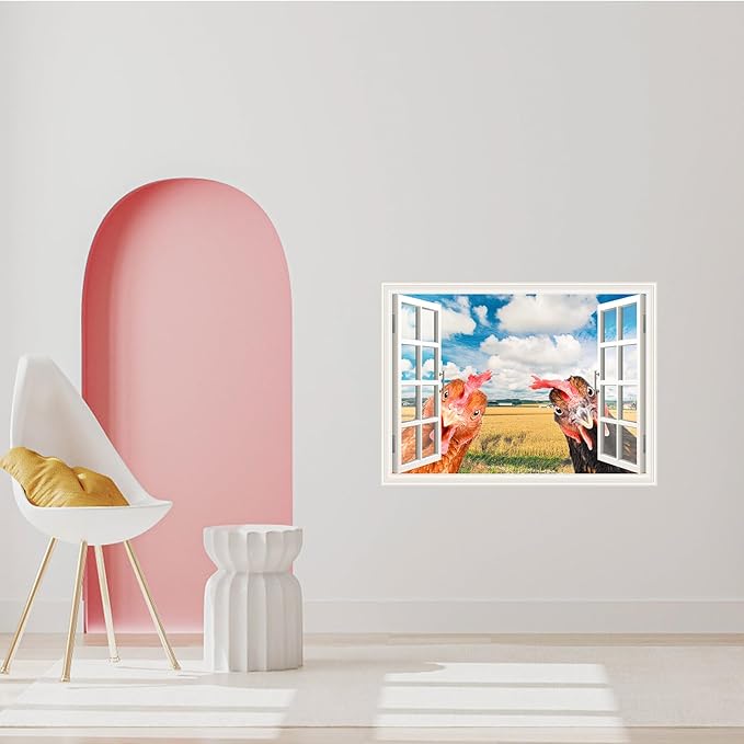 Funny Chicken Wall Stickers Peel and Stick - 2 Hens Head Looking Inside from Window - Cute Chicken Wall Decals Removable - Chicken Lover Gifts Wall Decor for Bedroom Farmhouse Kitchen Dorm-Ruum Studio Home