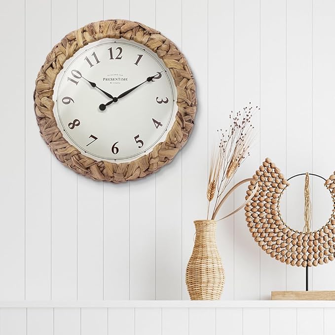 Presentime & Co. Farmhouse Series, Rustic Woven Clock, 12.6 inch, Natural Woven Water Hyacinth/Sea Grass. Wall Sculpture, Wall Art and Timepiece for Home Decoration/Decoration/Farmhouse Décor-Ruum Studio Home
