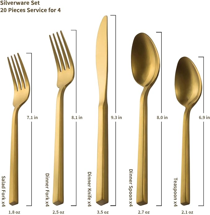 Alata Cube Gold 45-Piece Flatware Set, Forged Cutlery Set, Matte Gold Silverware Service for 8, Stainless Steel Tableware with Square Handle for Home/Restaurant, Dishwasher Safe-Ruum Studio Home