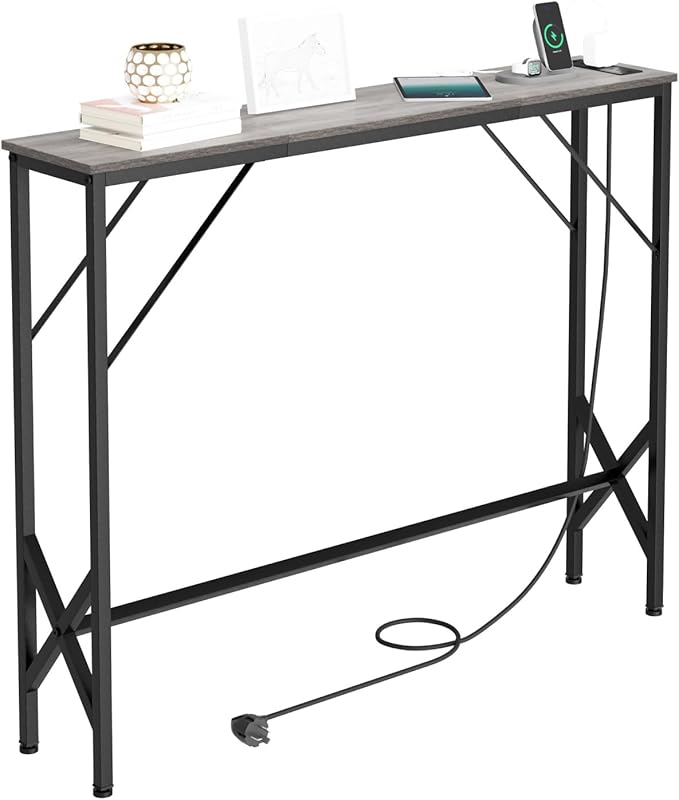 Console Table, Skinny Entryway Table with Fast-Charging Station, Narrow Long Sofa Table, Behind Slim Couch Table for Entrance, Hallway, Living Room Decor ST-GY100-1-Ruum Studio Home