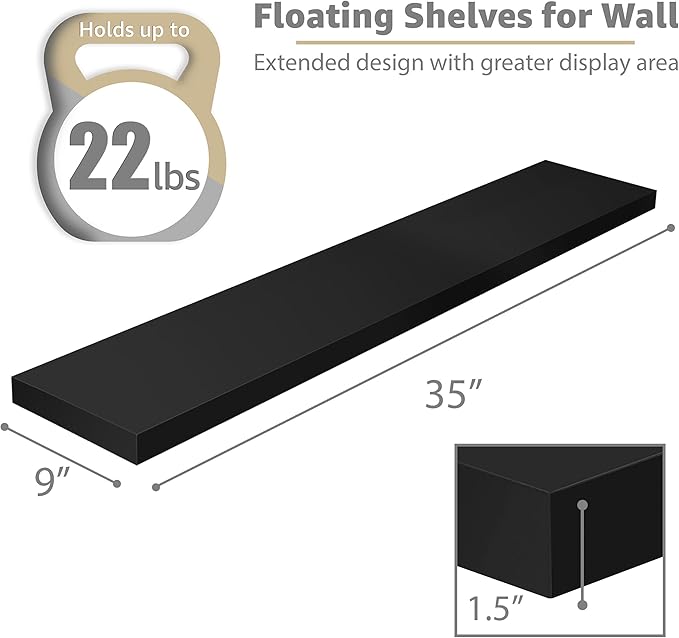 Sorbus Floating Shelves for Wall - 35 Inch Long Bathroom Shelves, Wall Decor for Bedroom, Kitchen, Living Room & Book Storage - Mounted Floating Shelf with Invisible Brackets (Black, 3 Pack)-Ruum Studio Home