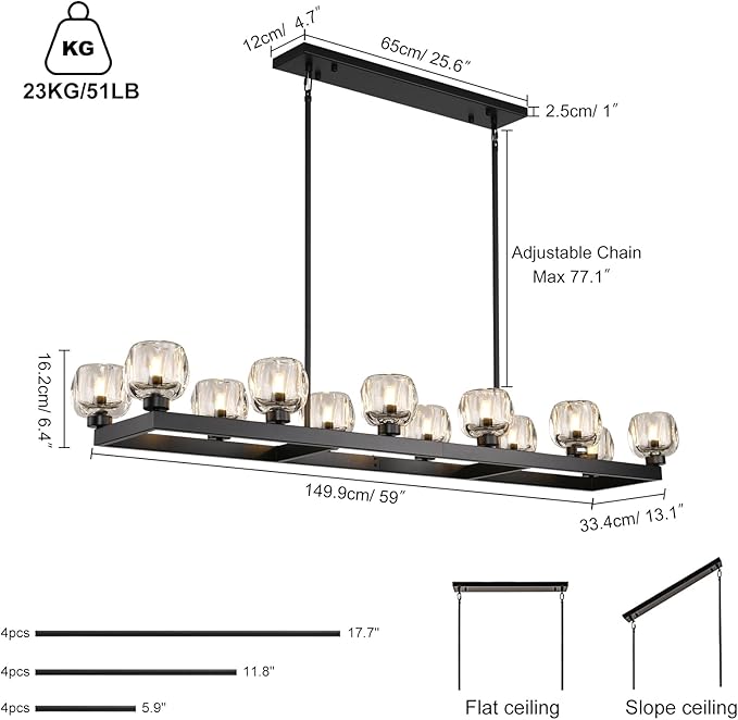 59 Inch Black Rectangle Wagon Wheel Chandeliers, Black Chandelier for Dining Room Over Table, Modern Crystal Long Chandelier, Farmhouse Large Linear Chandeliers for Kitchen Island-Ruum Studio Home