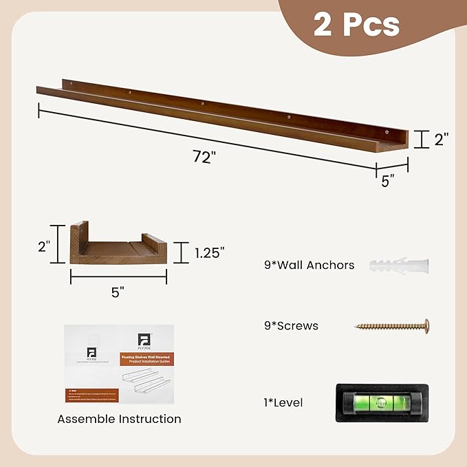 Picture Ledge Shelf, Floating Shelves Set of 2, Solid Pine Wood 72'' Long Large Nursery Book Shelves for Toys Storage, Kids Bookshelf for Living Room Bedroom Decor Books Photo Frames, Walnut-Ruum Studio Home