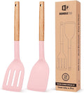 Pack of 2 Silicone Cooking Spatula, Heat Resistant Solid Turner, Non Stick Slotted Spatulas with Wooden Short Handle,Ideal Wood Kitchen Utensils Set for Frying, Baking, Flipping, Turning-Ruum Studio Home