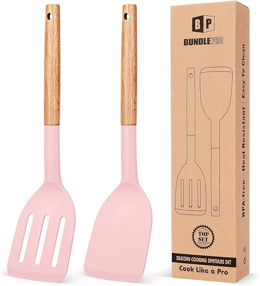 Pack of 2 Silicone Cooking Spatula, Heat Resistant Solid Turner, Non Stick Slotted Spatulas with Wooden Short Handle,Ideal Wood Kitchen Utensils Set for Frying, Baking, Flipping, Turning-Ruum Studio Home