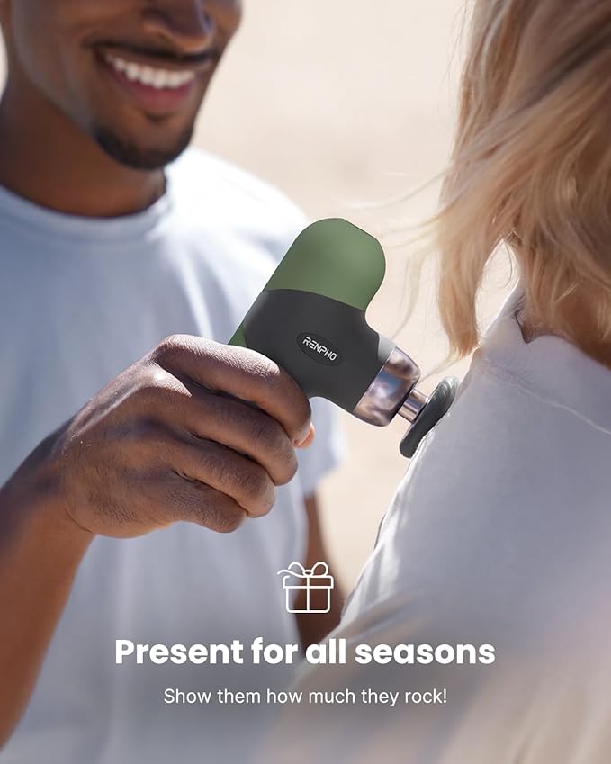 RENPHO Mini Thermal Massage Gun with Heat, Portable Deep Tissue Percussion Massager, Color Silicone Sleeves Travel Size with Carry Case, Olive Drab-Ruum Studio Home