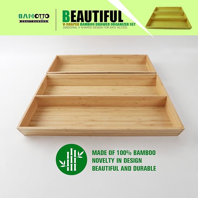 2-Piece V-Shaped Bamboo Drawer Organizer - Ideal for Kitchen's Large Long Tableware, Cooking Utensils, Flatware, Silverware - Wood Storage Box for Home, Bedroom, Bathroom (19.6"x12.4" & 19.6"x7.8")-Ruum Studio Home