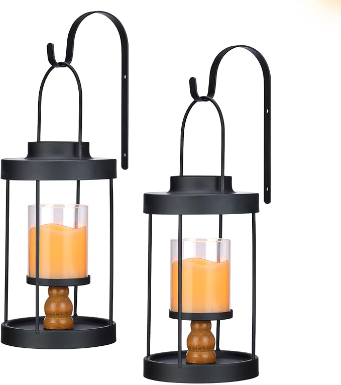 Metal Wall Sconce Candle Lantern Set of 2 - Black Wall Mounted Wood and Metal Hanging Holder with Glass & Candles Vintage Wall Decor for Porch, Living Room, Dining Room, Bedroom Indoor Decor-Ruum Studio Home