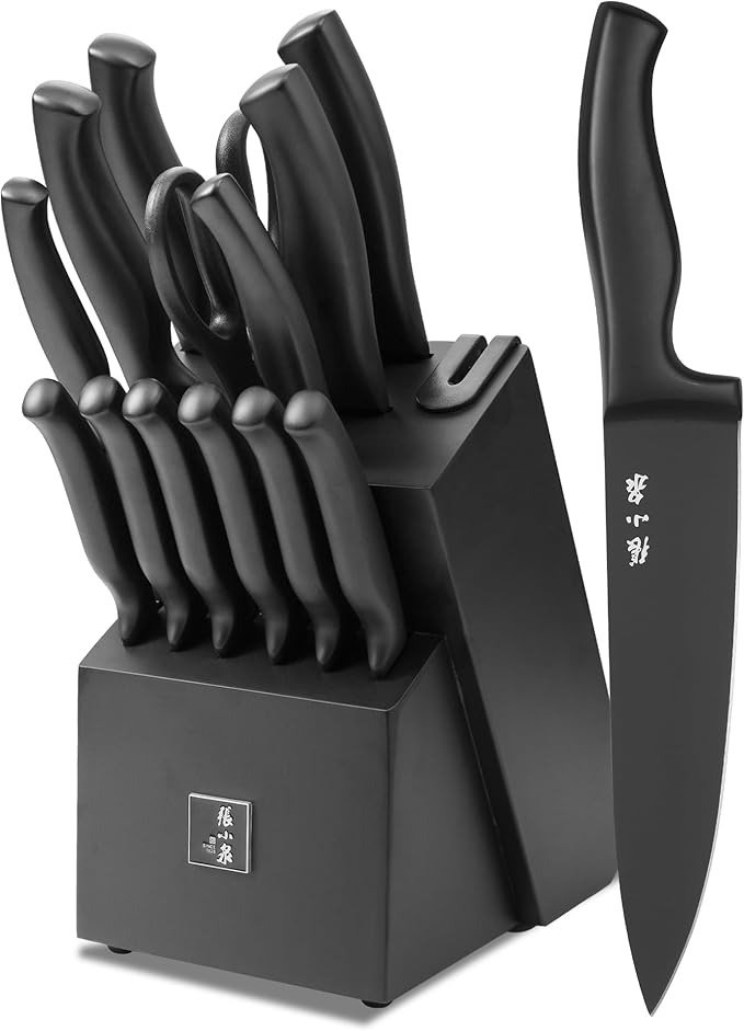 ZHANG XIAO QUAN SINCE 1628 15Pcs Knife Sets with Block, knife sets for kitchen with block High Carbon Stainless Steel Built-in Sharpener Dishwasher Safe(Black)-Ruum Studio Home