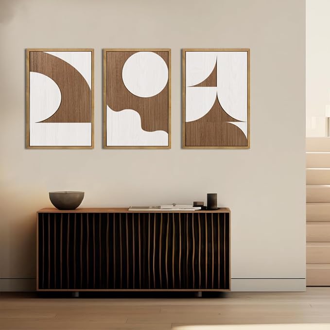 Large Abstract Brown and Beige Wall Art Set Modern Geometric Wood Grain Wall Decor Minimalist Neutral Mid Century Artwork Bohemian Art Decor for Living Room Bedroom Office-16x24Inch x3-Ruum Studio Home