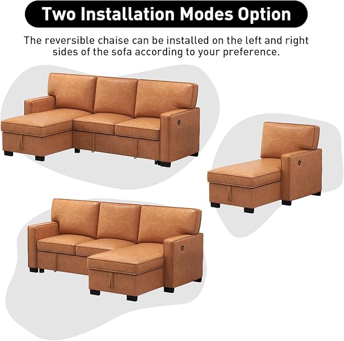 EBELLO Convertible Sleeper Sofa 3 in 1, Faux Leather Modern L-Shaped Couches for Living Room, Pull Out Sectional Futon Sofa Bed with Storage Space, USB Ports and Cup Holders for Bedroom, Brown-Ruum Studio Home