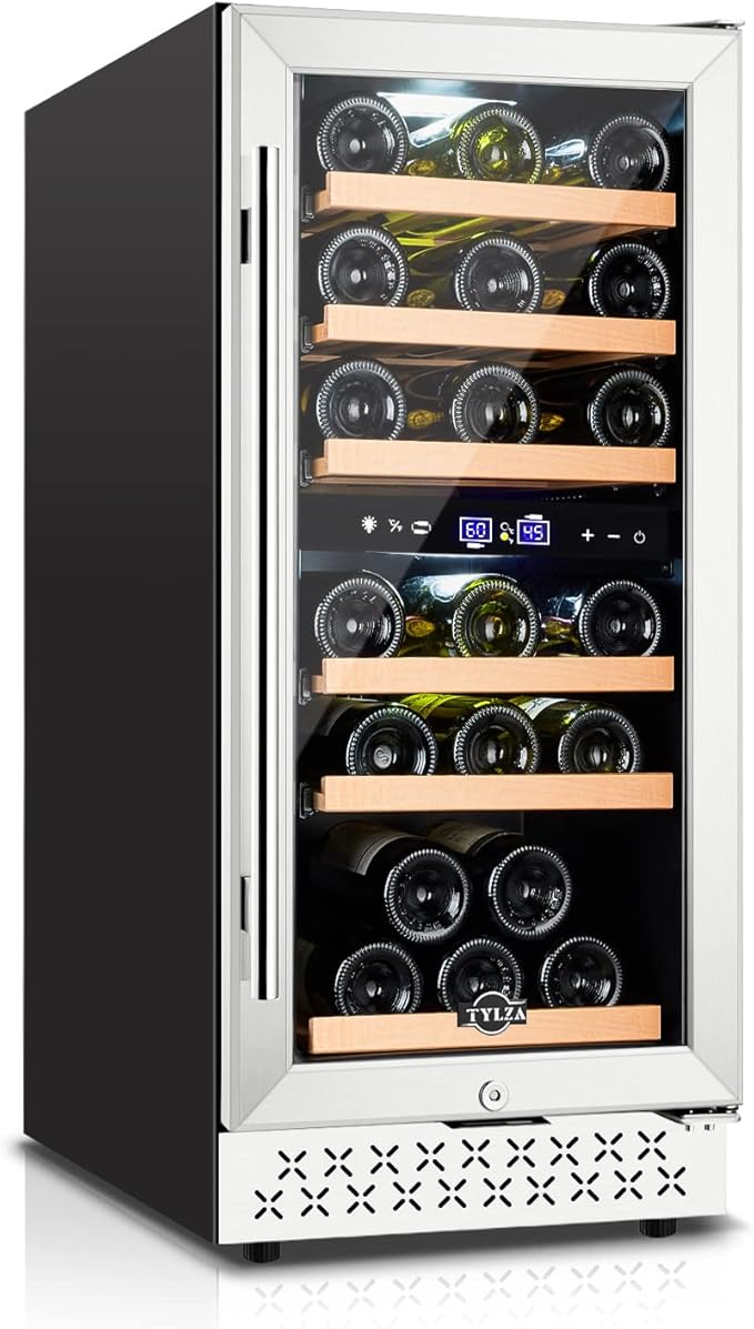 Tylza Mini Fridge 15 Inch Wine Cooler Under Counter, 33 Bottle Dual Zone Wine Fridge with Stainless Steel, Wine Refrigerator Freestanding, Built-in Wine Cellars-Ruum Studio Home
