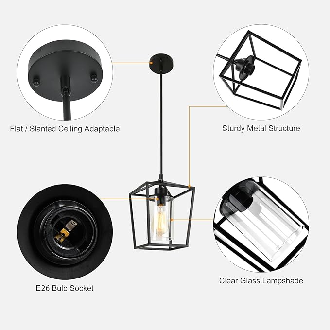 1-Light Black Pendant Light Fixture Farmhouse Iron Cage Metal Pendant Light Lantern Hanging Light Fixtures with Clear Glass Shade for Kitchen Island, Entryway, Dining Room, Hallway 5.9*5.9*8.27IN-Ruum Studio Home