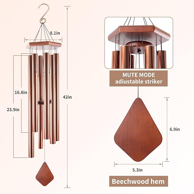 Wind Chimes Outdoor Large Deep Tone, 44 Inches Sympathy Wind Chimes Tuned Soothing Melody, Memorial Wind-Chime with 6 Heavy Tubes for Outside Decoration, Garden/Yard. Copper-Ruum Studio Home