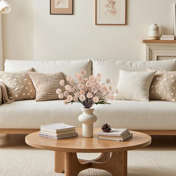 Faux Beige Kiku Flowers 10 Stems & 2 Eucalyptus, Fake Mums Pompon Flower Ball, Autumn Artificial Chrysanthemums Flowers for Boho Bedroom Decor, Silk Mini Faux Kiku Flower Wedding Arrangements Decor-Ruum Studio Home