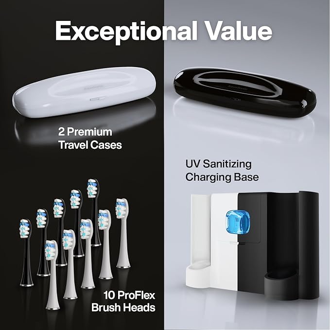 Aquasonic Duo PRO – Ultra Whitening 40,000 VPM Electric ToothBrushes – ADA Accepted - 5 Modes with Smart Timers - UV Sanitizing & Wireless Charging Base - 10 Proflex Brush Heads & 2 Travel Cases-Ruum Studio Home