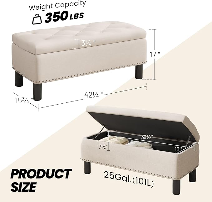 Furniliving 42” Ottoman Bench with Storage, Folding Storage Ottoman Benches with Wood Legs, Upholstered Bedroom Bench with Button-Tufted, Entryway Bench for Bedroom, Linen, Beige-Ruum Studio Home